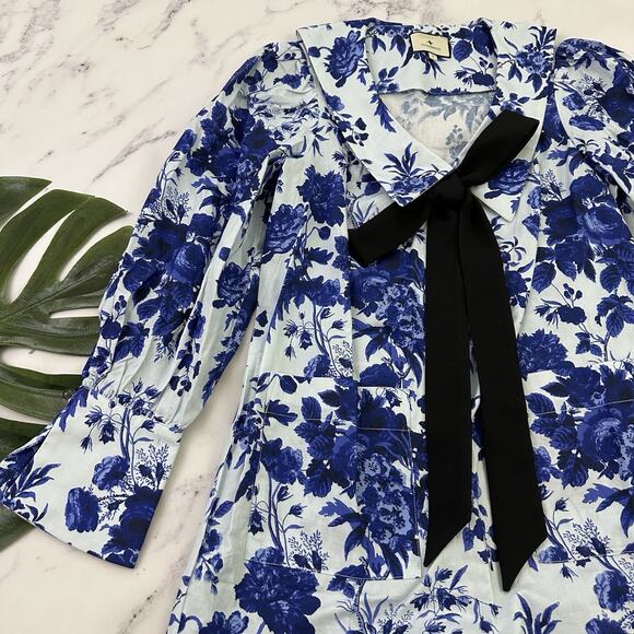 Tuckernuck Sapphire Bloom Bella Dress Size S Blue Floral Bow Trim Mini Pockets - Picture 4 of 12